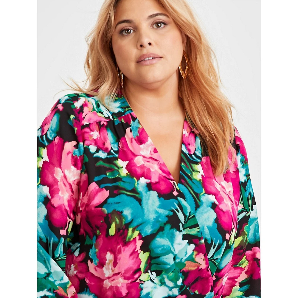 Plus Floral-Print Surplice Blouse