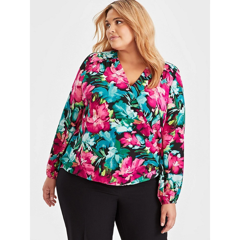 Plus Floral-Print Surplice Blouse