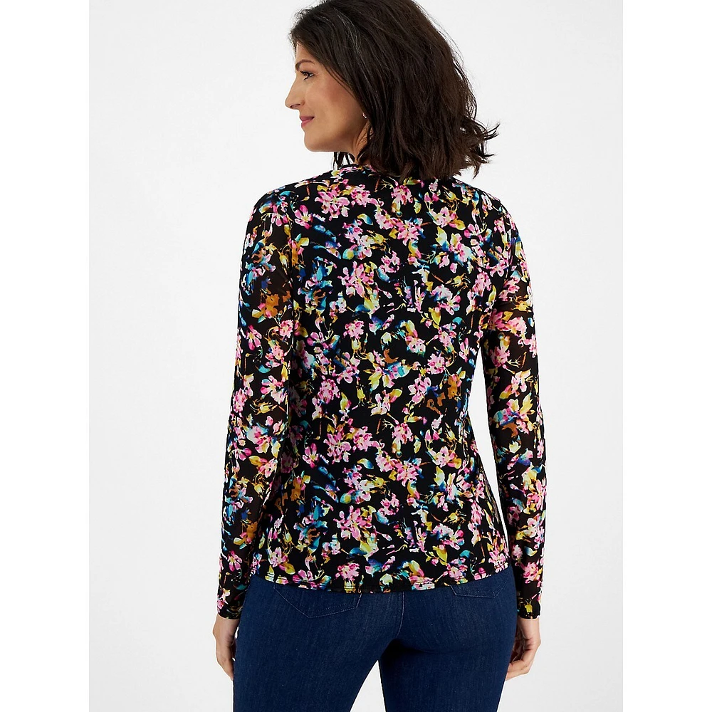 Printed Mesh Long-Sleeve Top