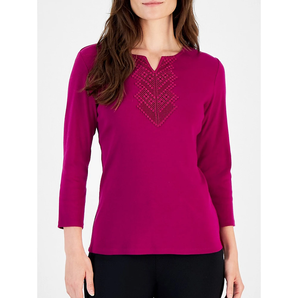 Three-Quarter Sleeve Appliqué Top