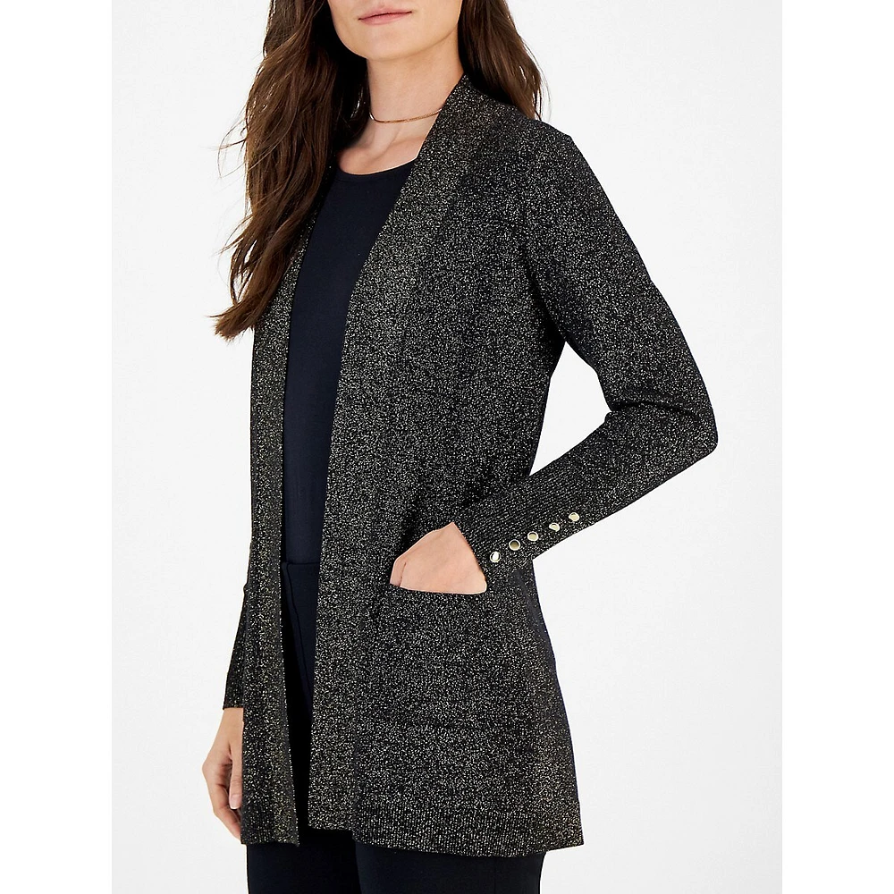 Petite Metallic-Knit Button-Sleeve Cardigan