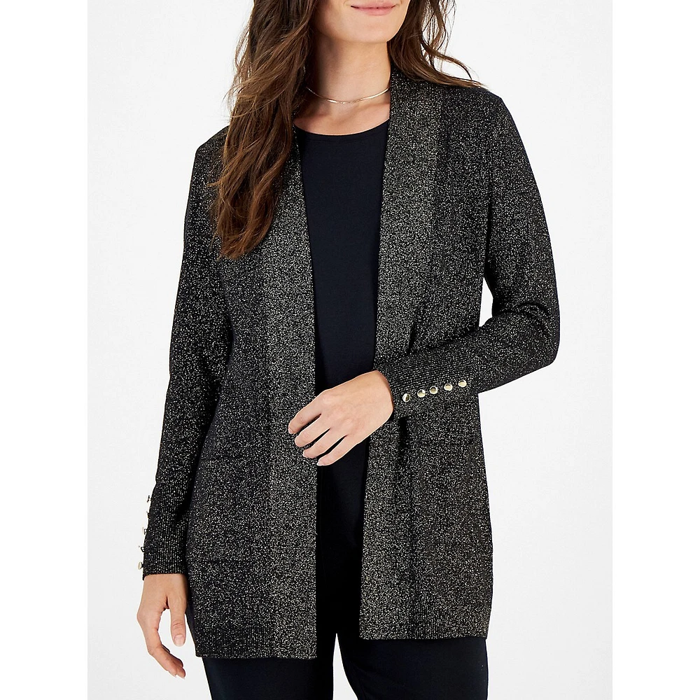 Petite Metallic-Knit Button-Sleeve Cardigan