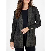 Petite Metallic-Knit Button-Sleeve Cardigan