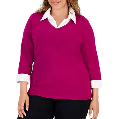 Plus ​Layered-Look Three-Quarter Sleeve Top