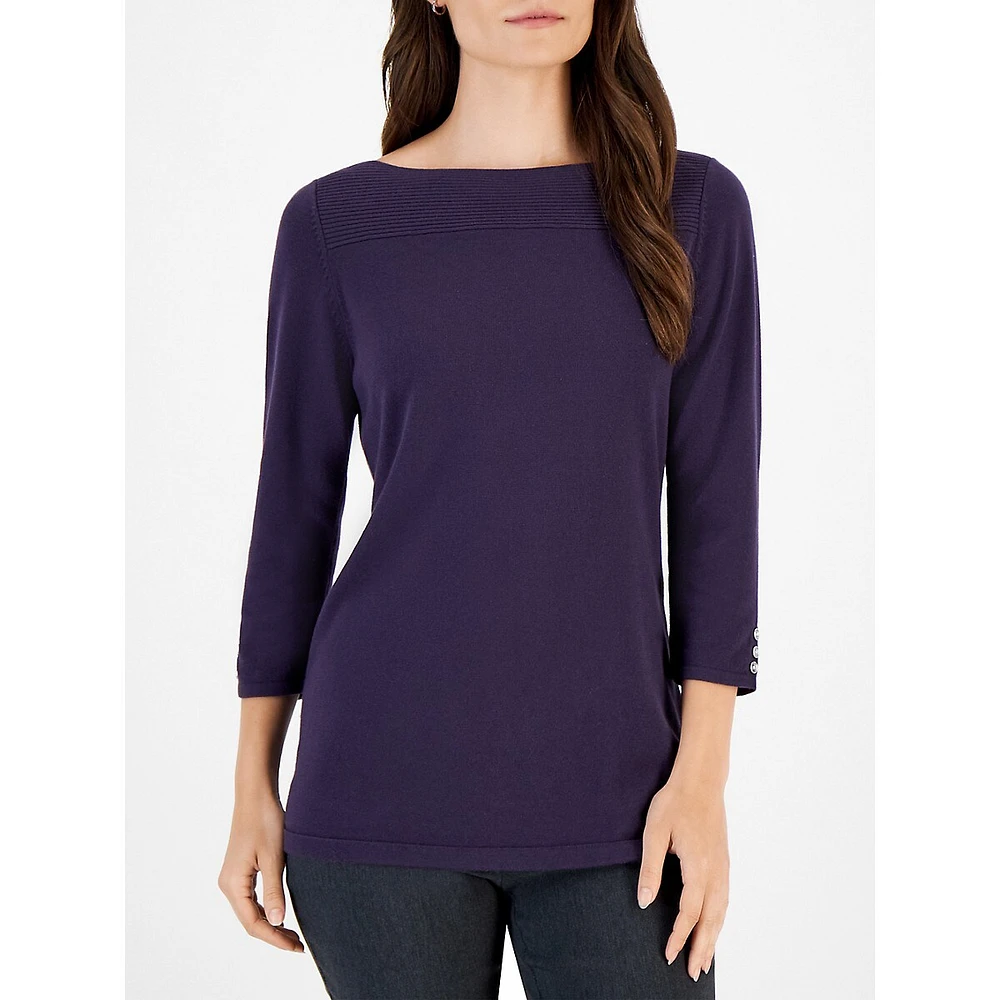 Boat-Neck Button-Sleeve Top