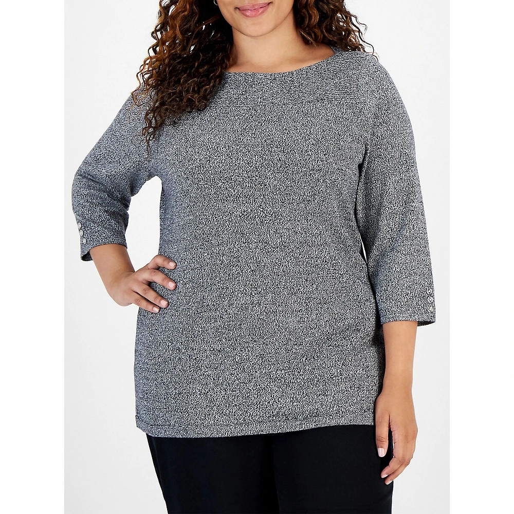 Plus Boat-Neck Button-Sleeve Top