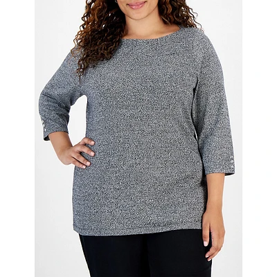 Plus Boat-Neck Button-Sleeve Top