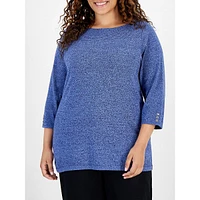 Plus Boat-Neck Button-Sleeve Top