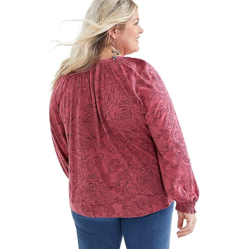 Plus Smocked-Trim Floral Blouse