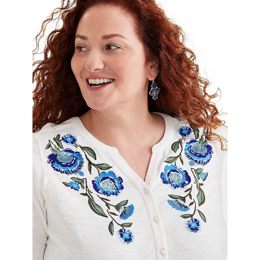 Plus Floral-Embroidered Henley Top