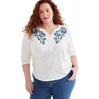 Plus Floral-Embroidered Henley Top