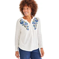 Cotton Floral-Embroidered Long-Sleeve Top