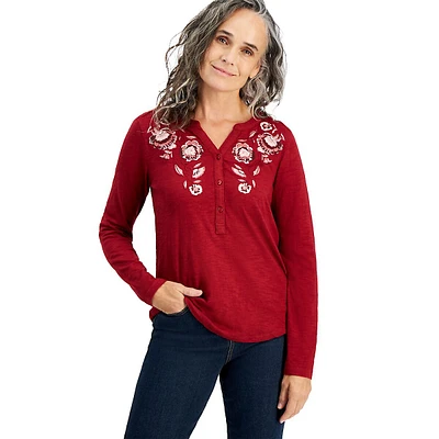 Cotton Floral-Embroidered Long-Sleeve Top