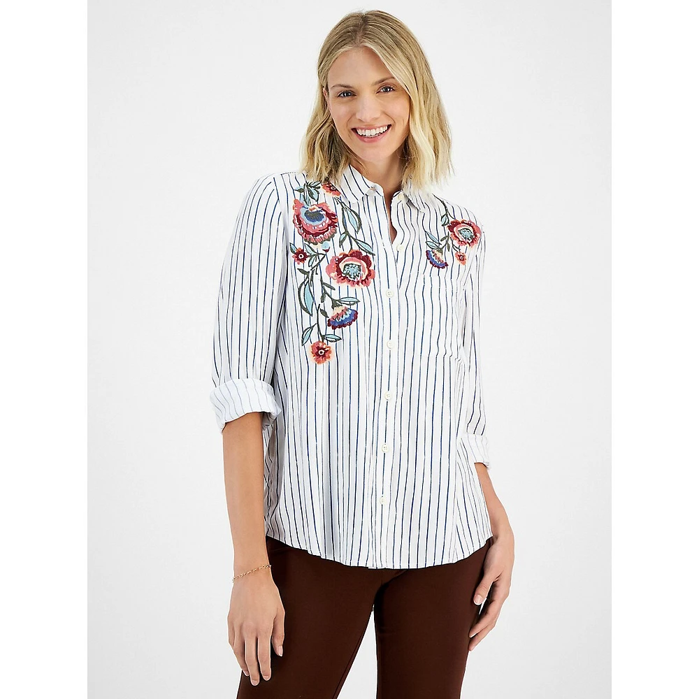 Striped & Floral-Embroidered Shirt