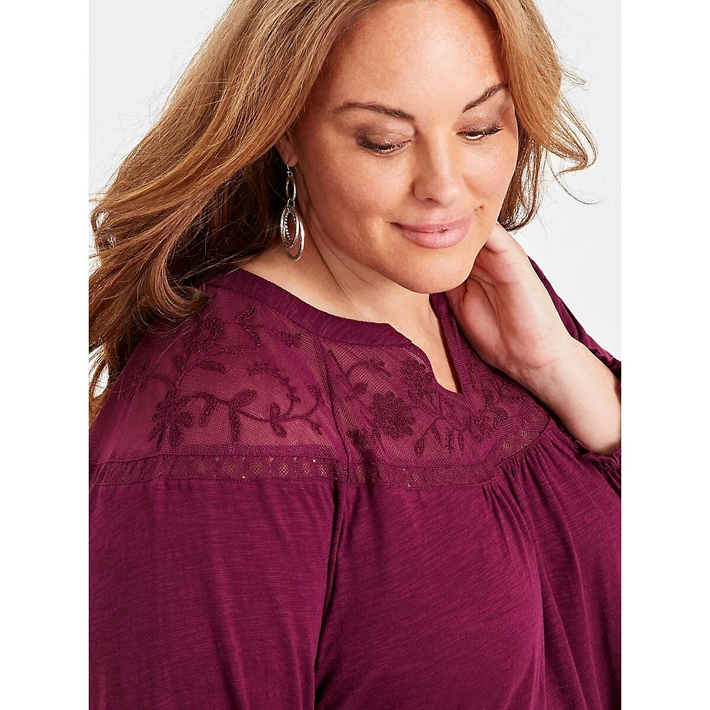 Plus Mesh-Trim Raglan-Sleeve Blouse