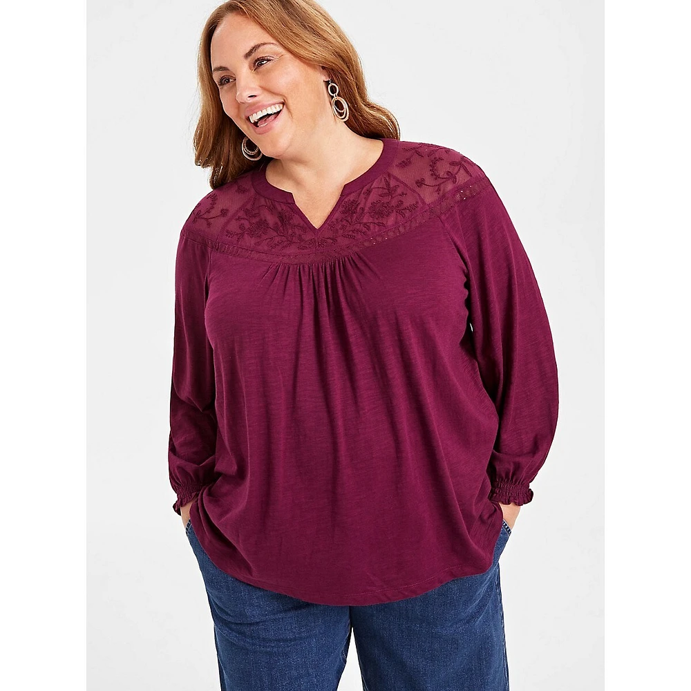 Plus Mesh-Trim Raglan-Sleeve Blouse