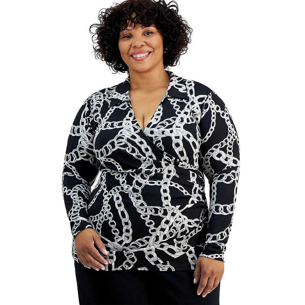 Plus Chain-Print Faux-Wrap Top