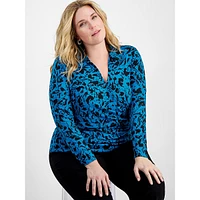 Plus Print Collared Faux-Wrap Top