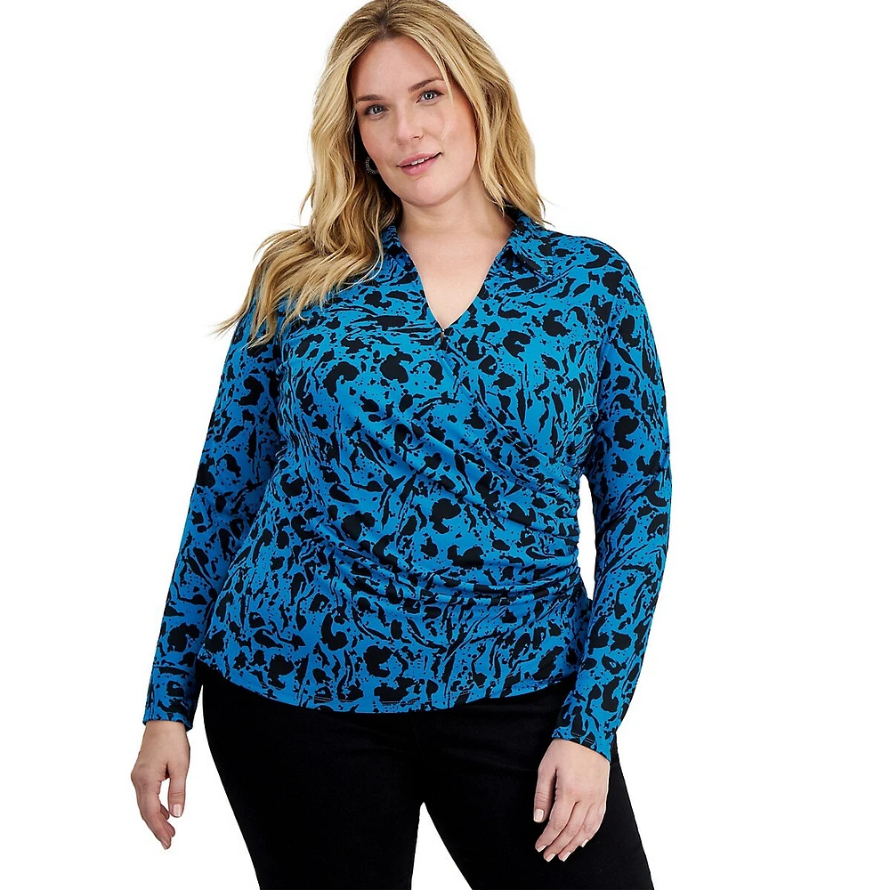 Plus Print Collared Faux-Wrap Top