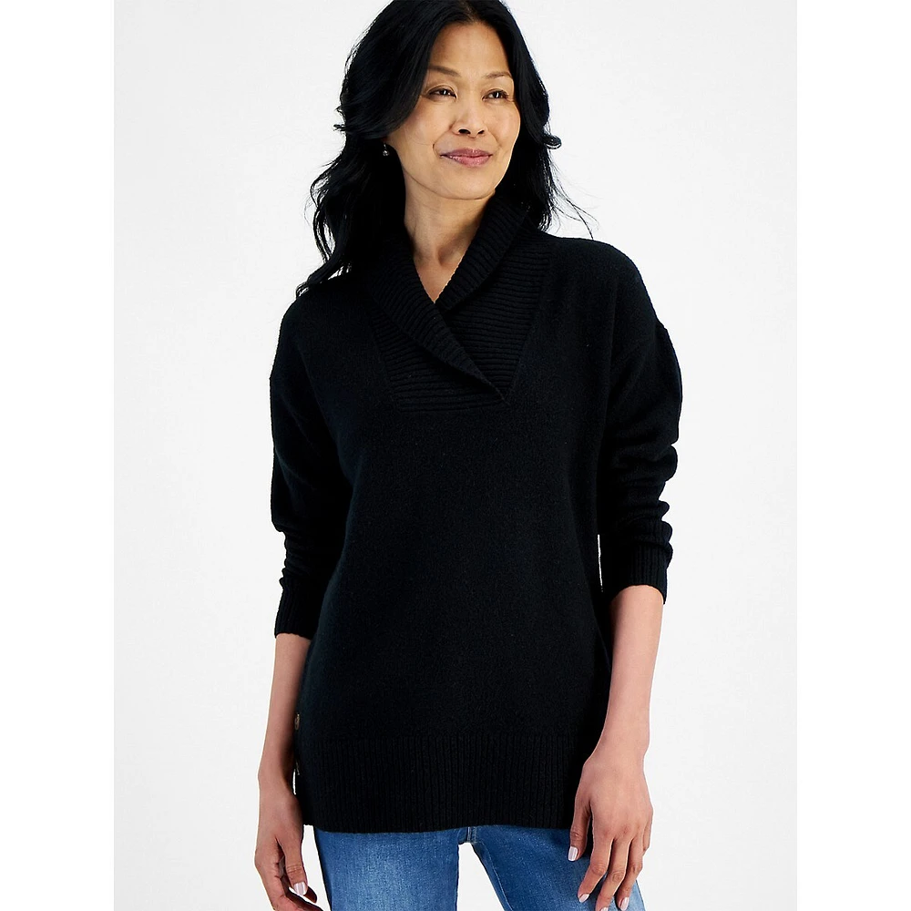 Petite Shawl-Collar Side-Button Tunic Sweater