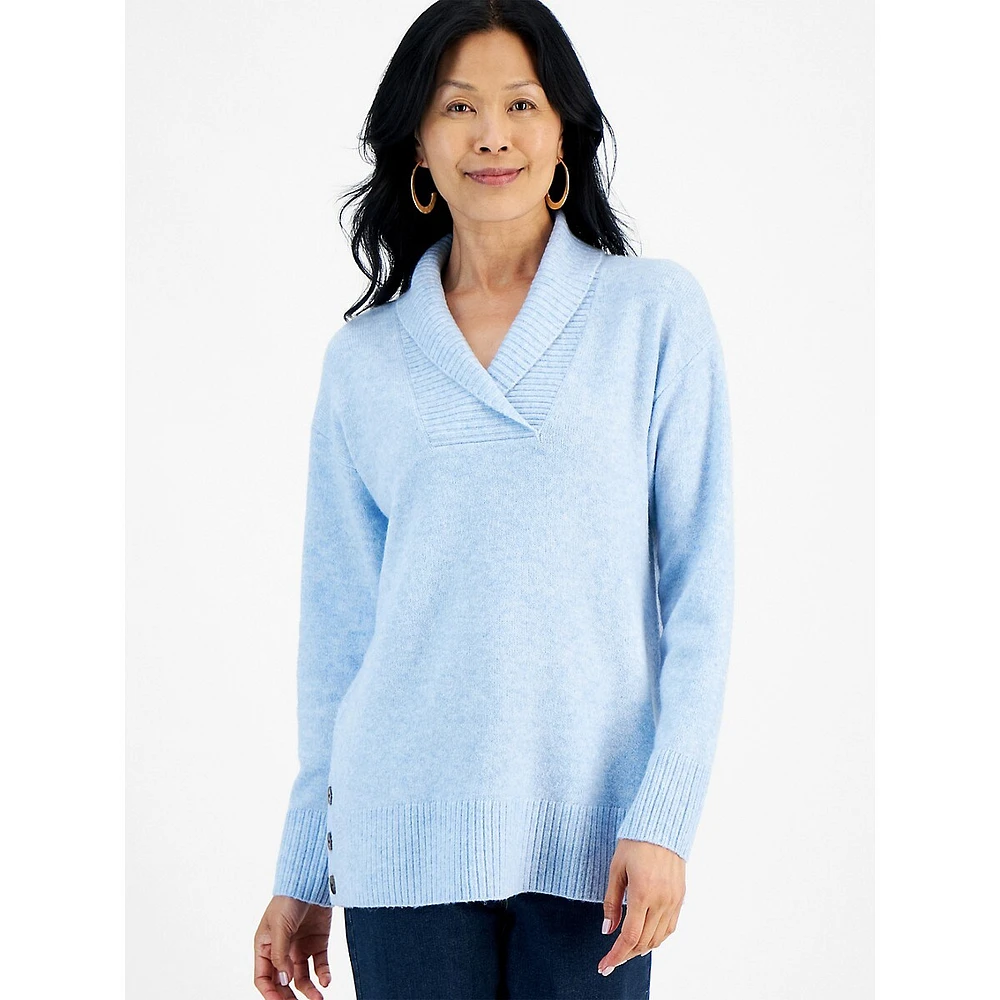 Petite Shawl-Collar Side-Button Tunic Sweater