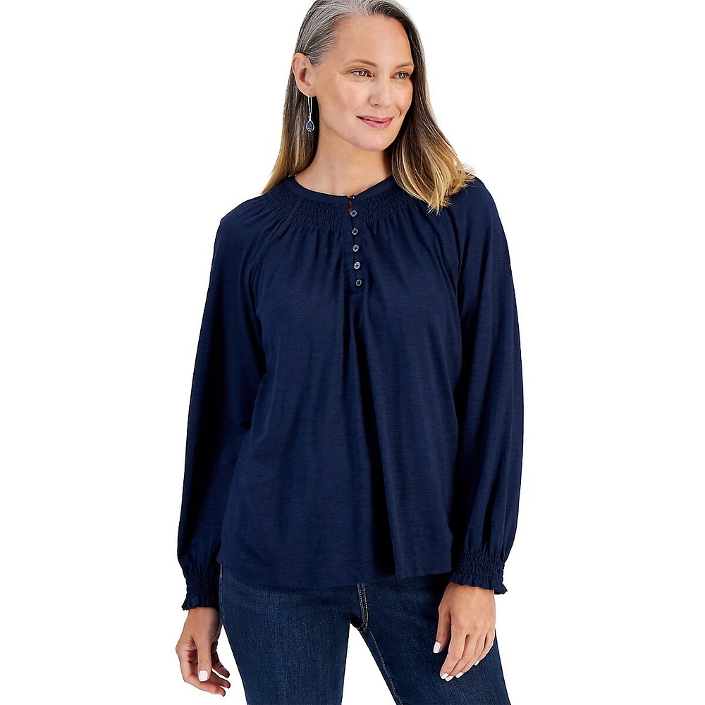 Long-Sleeve Smocked-Shoulder Top