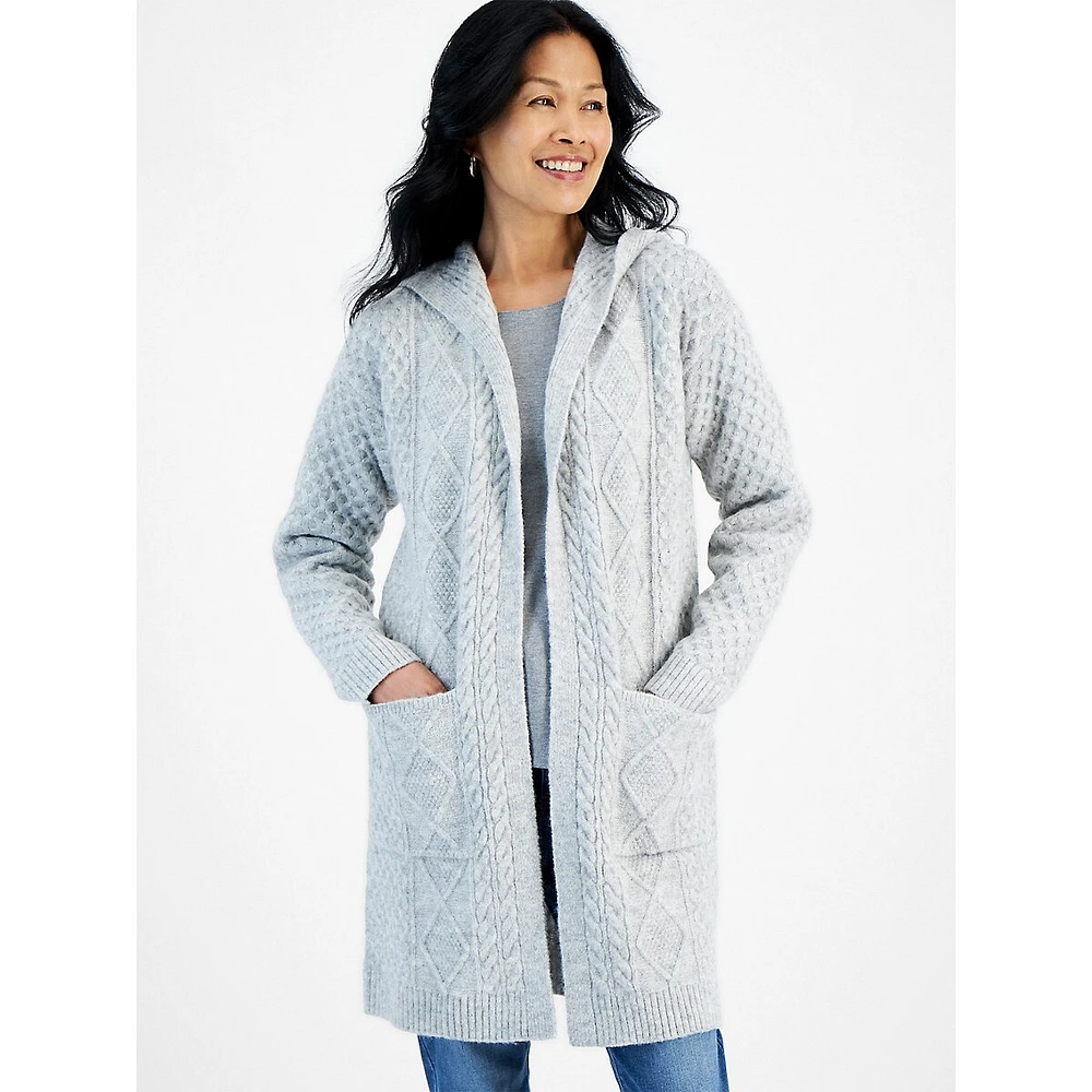 Hooded Open-Front Chunky Cable-Knit Cardigan