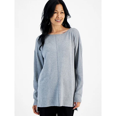 Rib-Sleeve High-Low Tunic Sweater