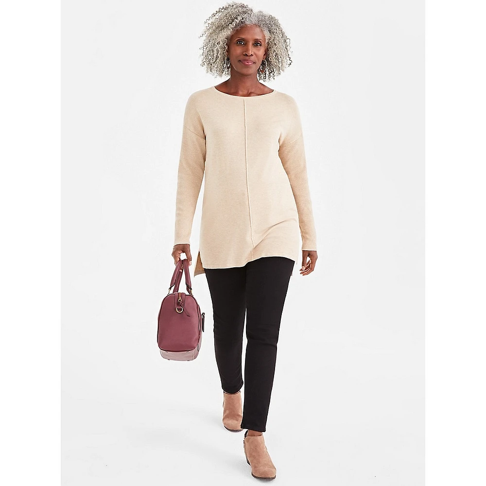 Rib-Sleeve High-Low Tunic Sweater