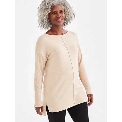 Rib-Sleeve High-Low Tunic Sweater