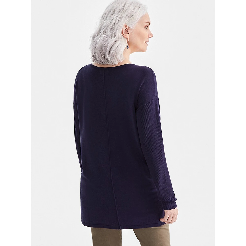 Rib-Sleeve High-Low Tunic Sweater