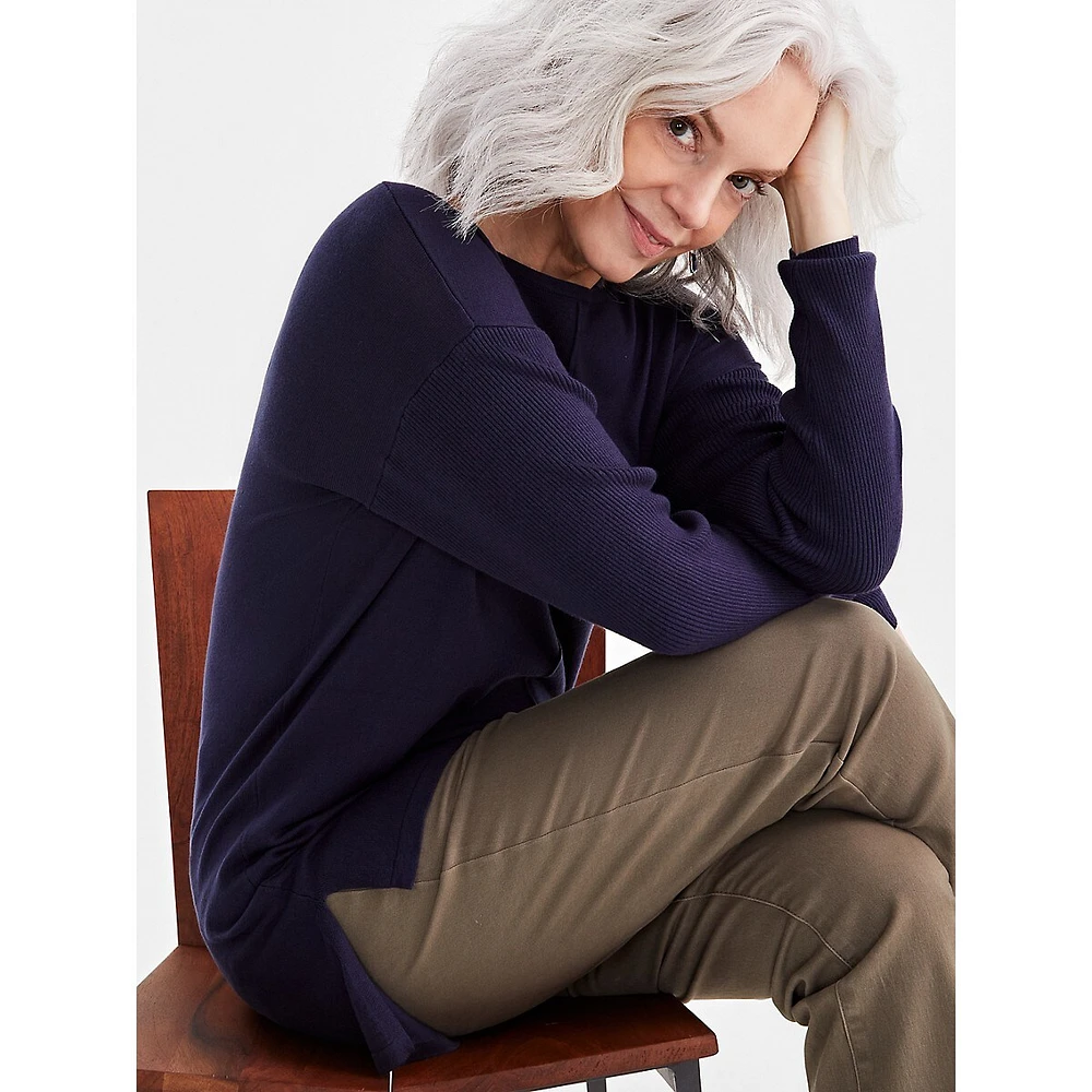 Rib-Sleeve High-Low Tunic Sweater