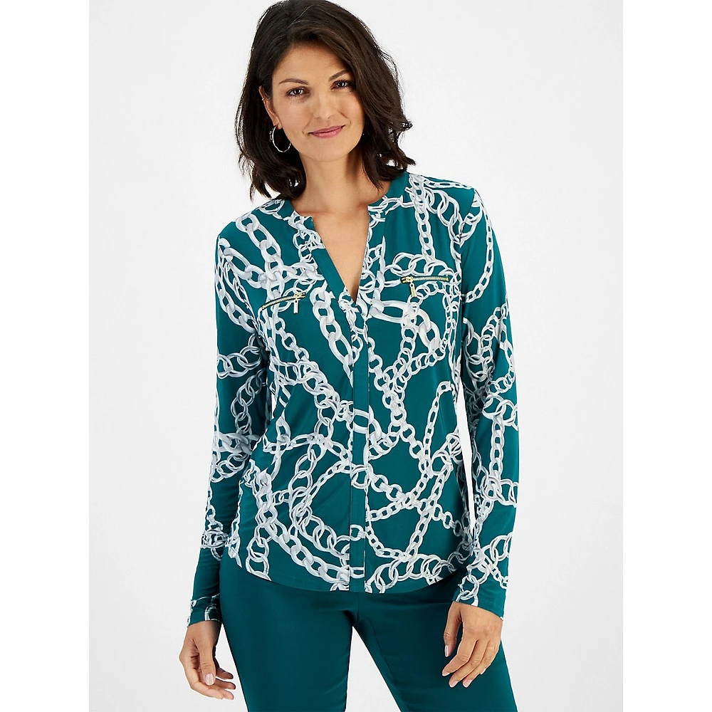 Chain-Print Zip-Pocket Top