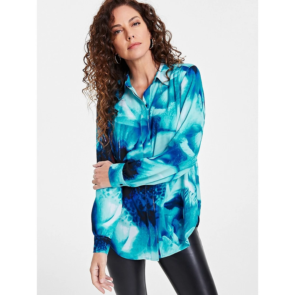 Printed Tunic-Length Button-Up Shirt