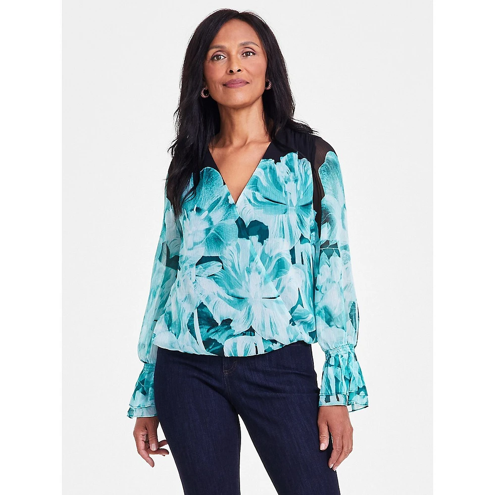 Surplice Bell-Sleeve Print Blouse