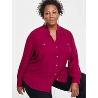 Plus Collared V-Neck Pocket Blouse