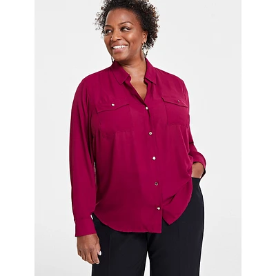 Plus Collared V-Neck Pocket Blouse