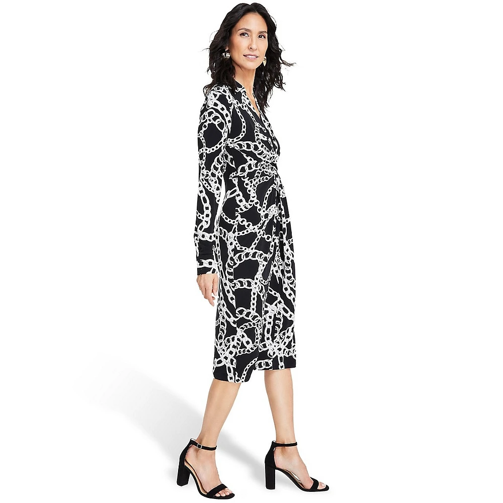 Chain-Print Twist-Front Collared Midi Dress