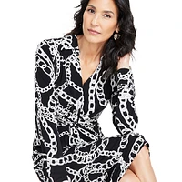 Chain-Print Twist-Front Collared Midi Dress