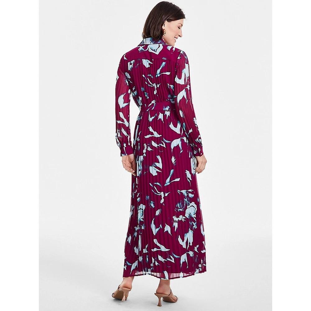 Pleated Print Maxi Shirtdress