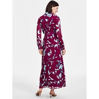 Pleated Print Maxi Shirt Dress