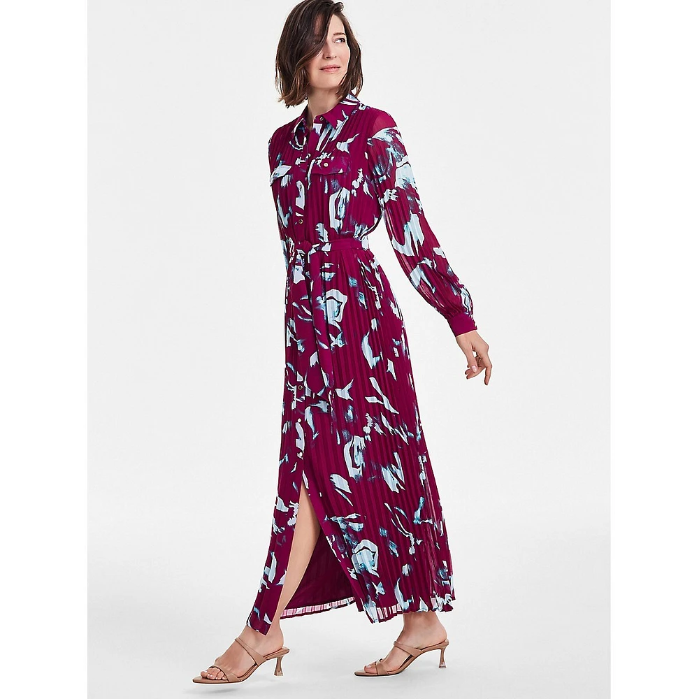 Pleated Print Maxi Shirtdress