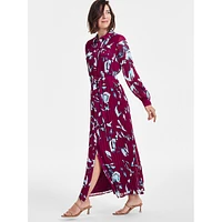 Pleated Print Maxi Shirtdress