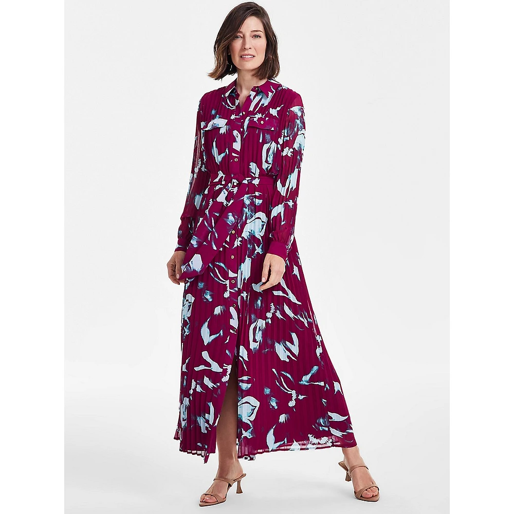 Pleated Print Maxi Shirt Dress