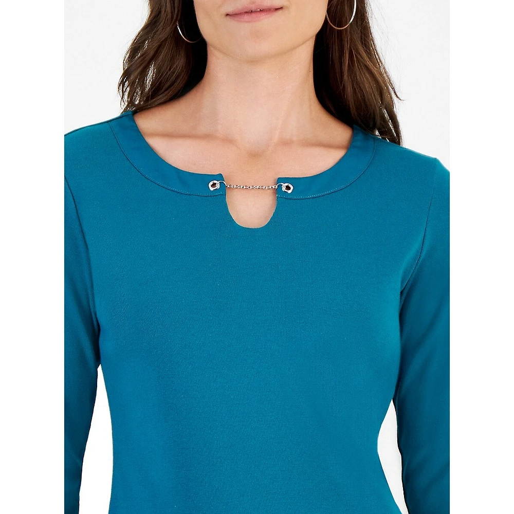 Petite Chain-Neck Cropped-Sleeve Top