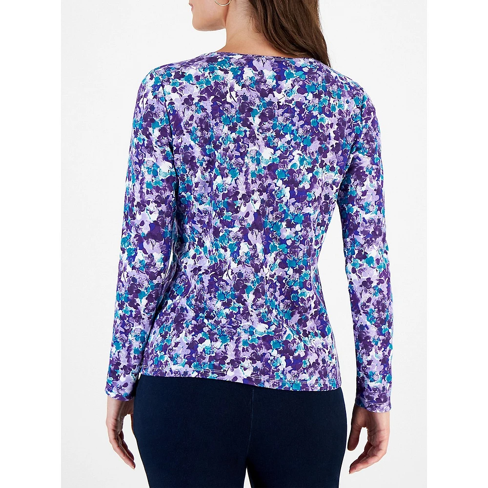 Petal-Print Long-Sleeve Scoopneck Top