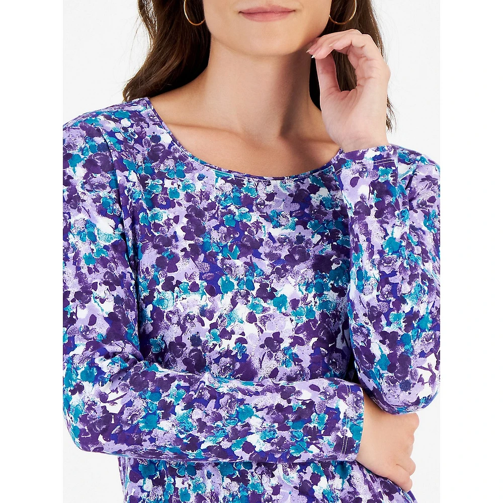 Petal-Print Long-Sleeve Scoopneck Top