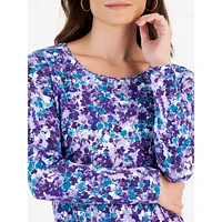 Petal-Print Long-Sleeve Scoopneck Top