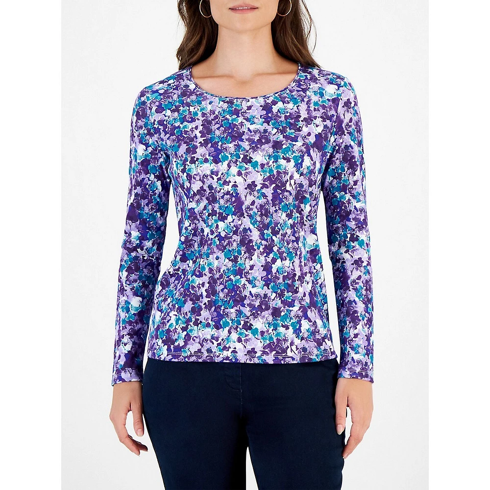 Petal-Print Long-Sleeve Scoopneck Top