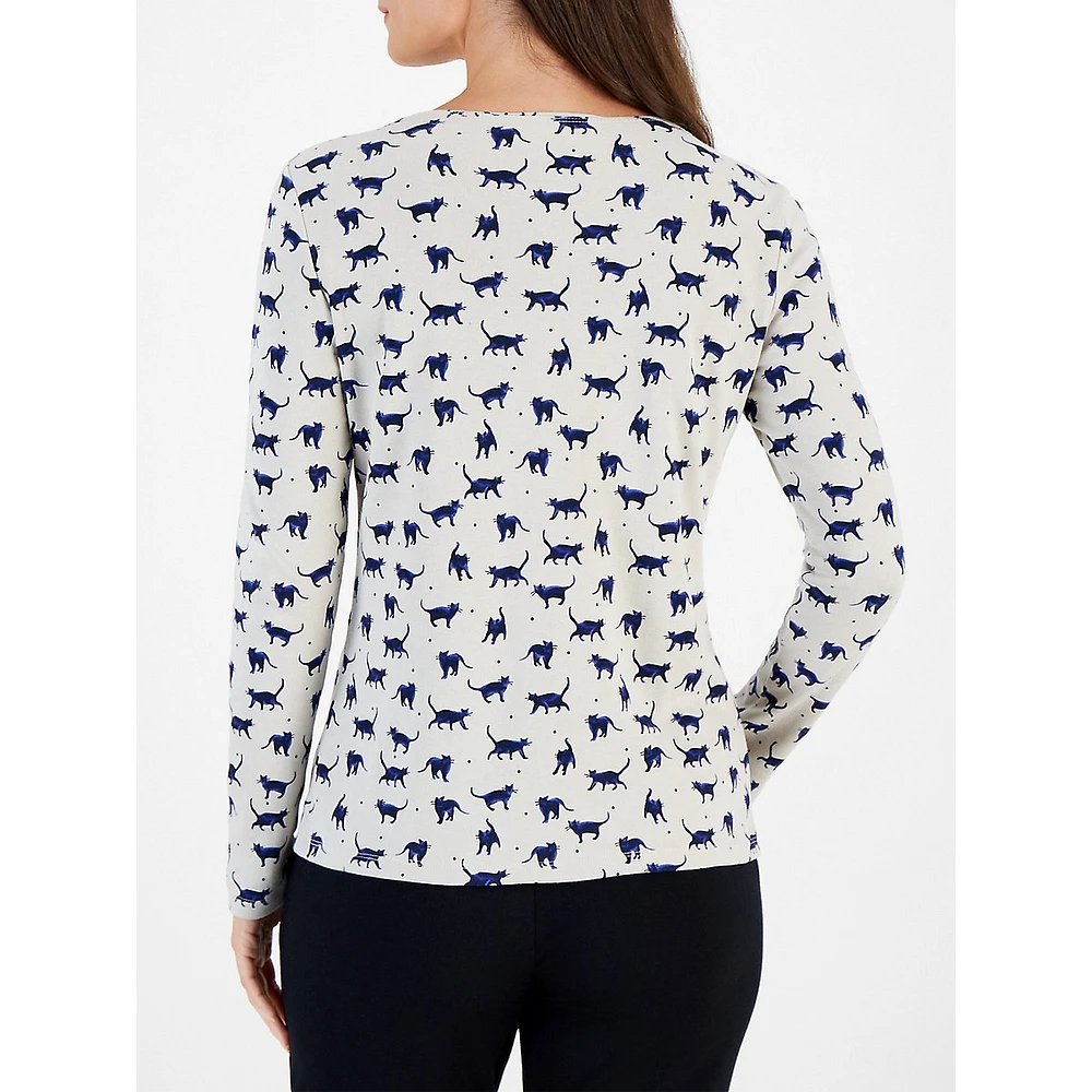 Shadow Play Cat-Print Long-Sleeve Scoopneck Top